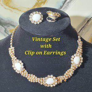 Vintage Diamonds & White Opals Costume Jewelry Necklace & Clip Earrings Set